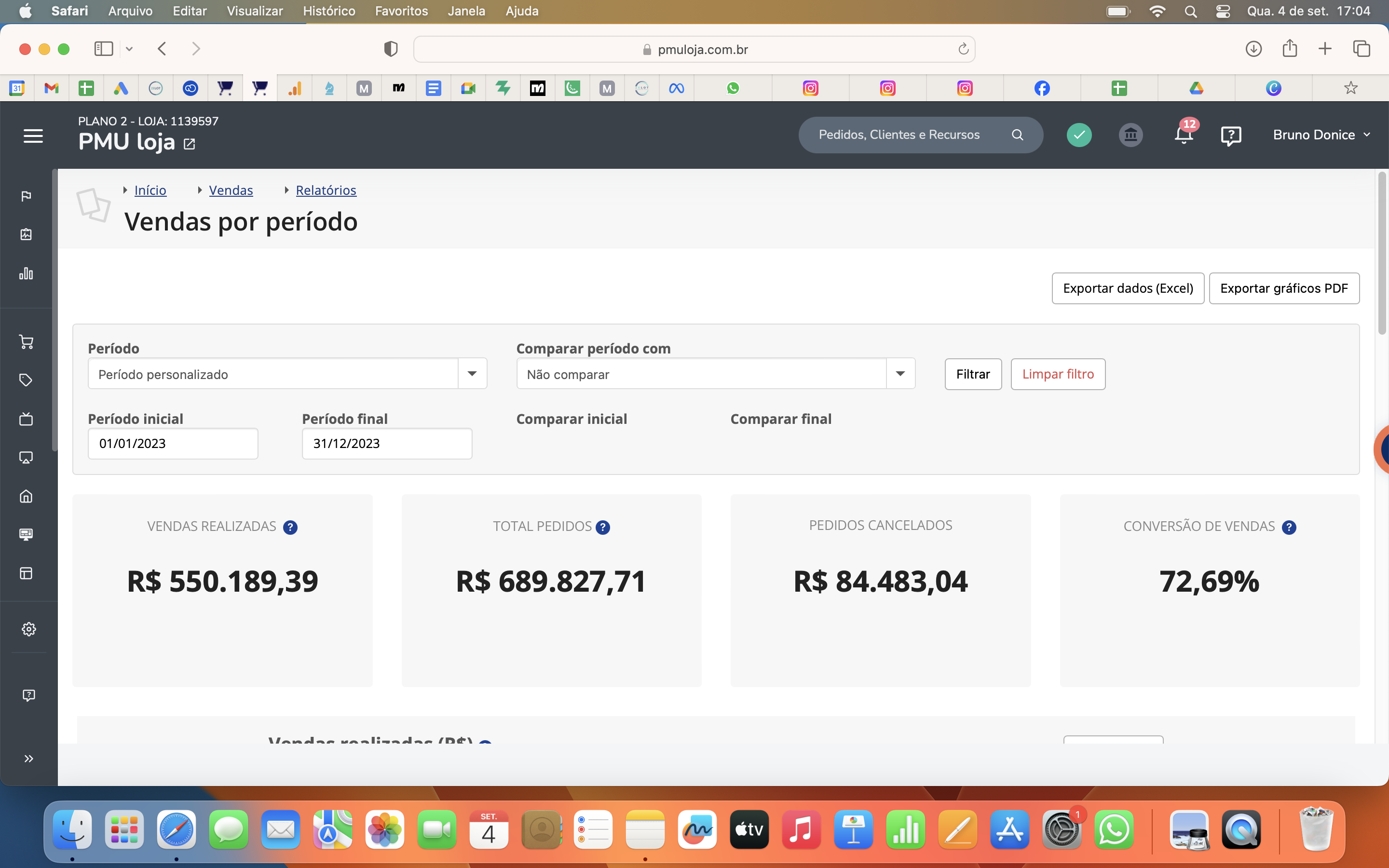 Dashboard PMU Loja - 2023 - Resultados de vendas e ROAS