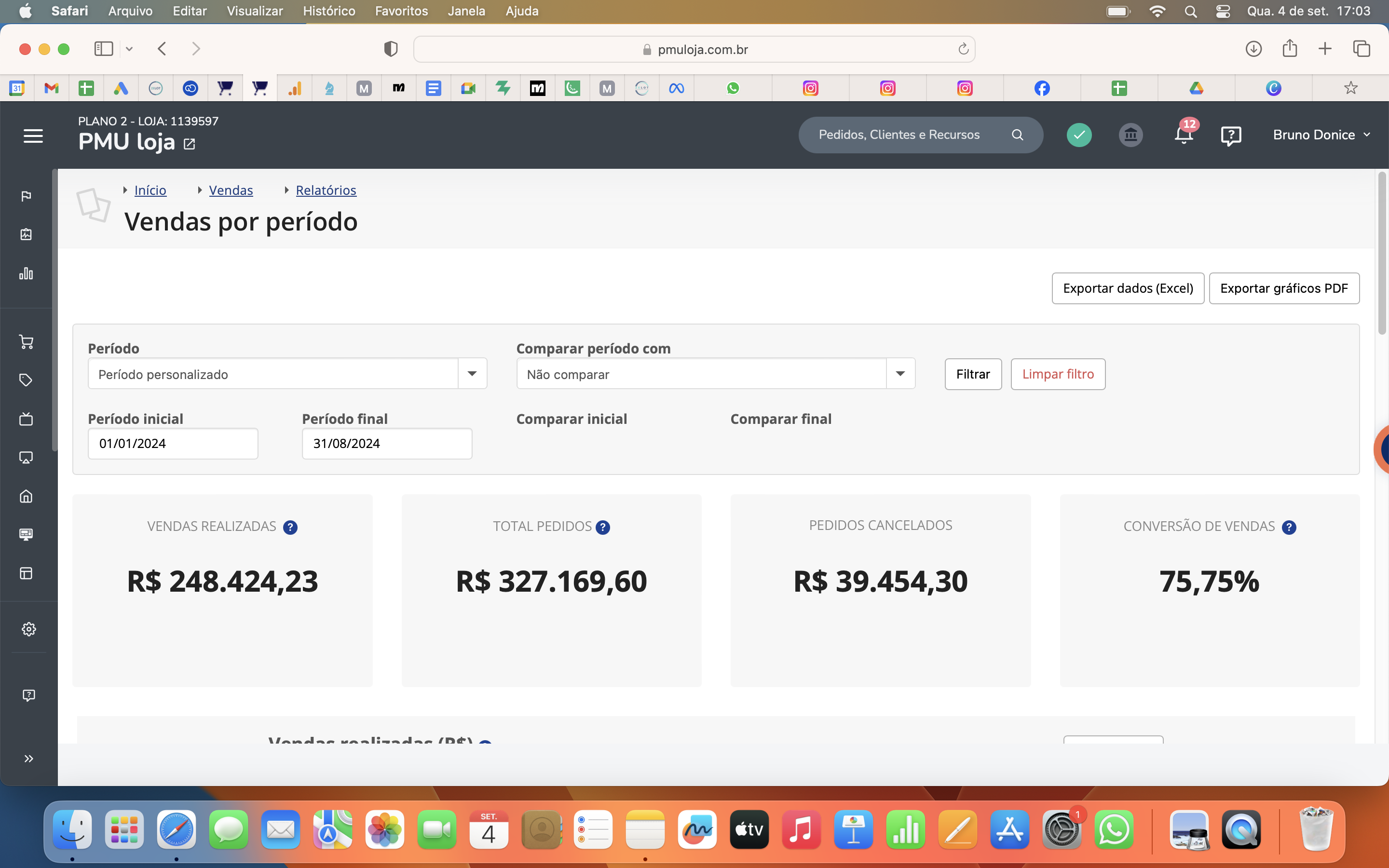Dashboard PMU Loja - 2024 - Resultados de vendas e ROAS